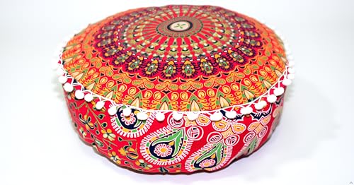 CRAFT KALA Red Peacock Large Hippie Mandala Meditation Floor Ottoman Pillow Cushion Pouf Cover Square Poufs Bohemian Circle Floor Cushion Case Outdoor Fireplace Yoga Living Room Decor Cover 18" Round - color: Red, size: 18"D x 18"W x 5"H