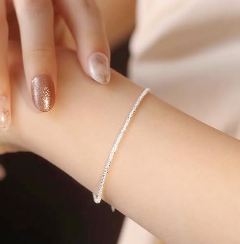 QLKILYR Silver Link Bracelet for Women, 14K White Gold Plated Hypoallergenic Lightweight Cute Sparkle Chain Bracelet, Small Adjustable Shiny Simple Bracelet