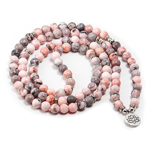 8mm 108 Mala Beads Wrap Bracelet Necklace for Yoga Charm Bracelet Natural Gemstone Jewelry for Women Men - color: Pink Zebra stone