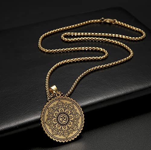 Om Symbol Lotus Necklace For Men Women Stainless Steel Chakra Meditation Necklace Lotus Om Symbol Pendant Necklace Viking Jewelry Healing Gift - color: gold