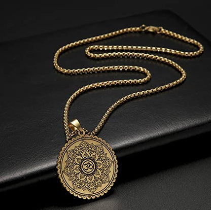 Om Symbol Lotus Necklace For Men Women Stainless Steel Chakra Meditation Necklace Lotus Om Symbol Pendant Necklace Viking Jewelry Healing Gift - color: gold