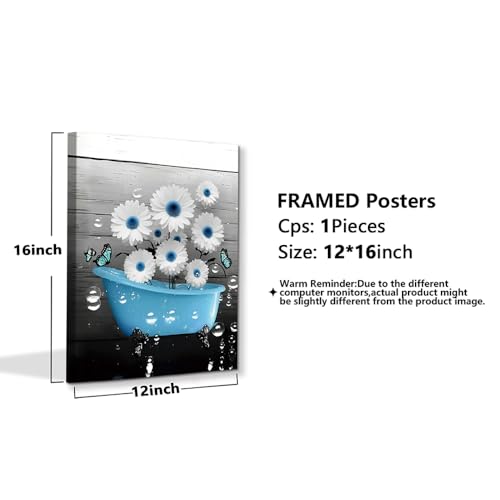 Blue Bathroom Wall Art Canvas Prints Farmhouse Wall Deocr,Blue Tub Flower Posters Washroom Aesthetic Decoration 12x16inch Framed - color: Framed-blue Tub Flower Wall Art