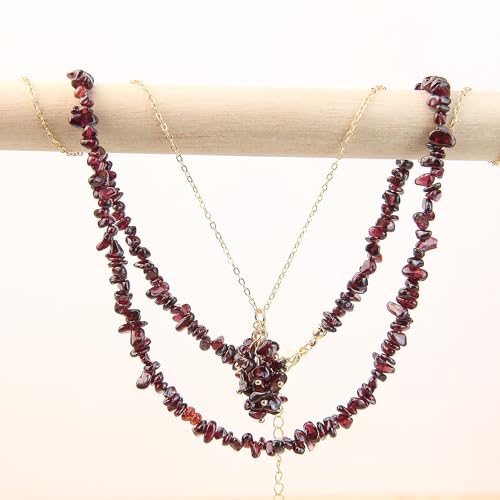 2Pcs Crystal Necklace for Women Handmade Choker Necklaces Pendant Necklace Natural Stone Gemstone Beaded Necklace 18k Gold Plated Adjustable Dainty Necklace for Women - color: Garnet