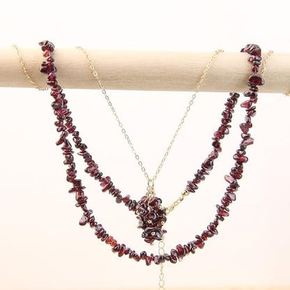 2Pcs Crystal Necklace for Women Handmade Choker Necklaces Pendant Necklace Natural Stone Gemstone Beaded Necklace 18k Gold Plated Adjustable Dainty Necklace for Women - color: Garnet