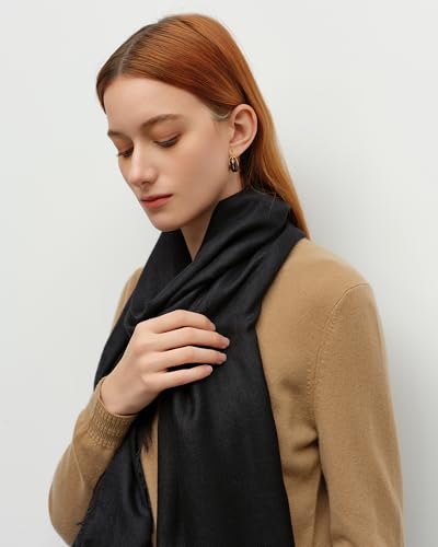 KVSS Women's Fine Knit Shawl, 55% Cashmere 45% Mulberry Silk, X Gauge 120/2NM Yarn Lightweight Spring Summer Wrap Scarf - color: Black