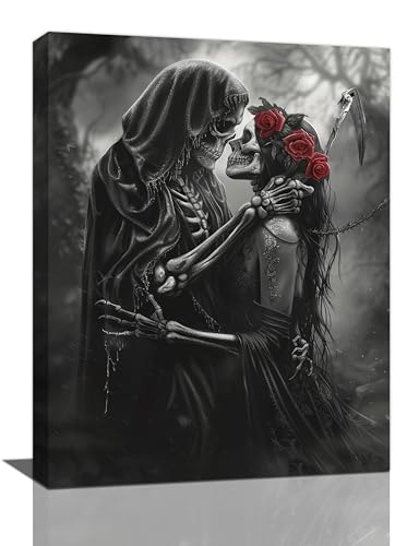 Fuzawet Gothic Skull Wall Art Pictures Goth Skeleton Wall Decor Canvas Painting Home Modern Artwork Decorations Framed for Bathroom Living Room Bedroom Office 12 x 16 inch - color: Skull, size: 16"L x 12"W