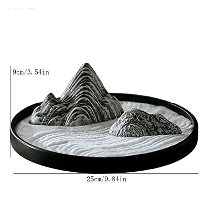 Desktop Decoration Dry Mountain Japanese-Style Zen Decoration Tea Ceremony Porch Study Room Model Room Decoration Ceramic Rockery Round Tray Desktop Decor for Office