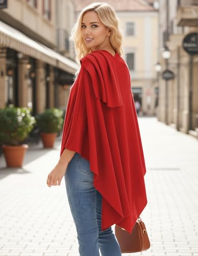 Womens Open Front Poncho Sweater Wrap Topper Knitted Elegant Shawls Cape for Spring Fall Winter - color: Series 1-red