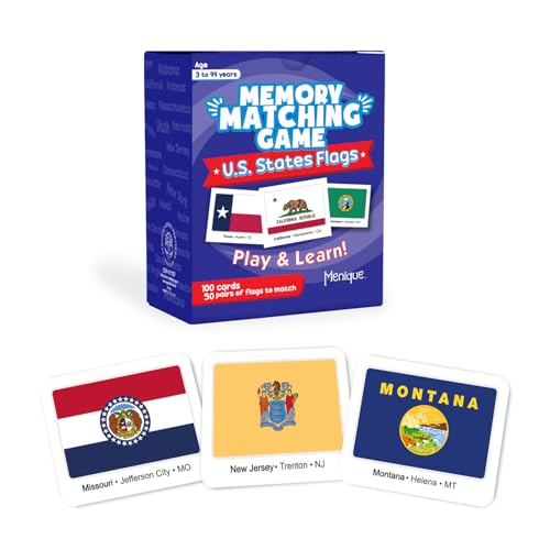 Menique U.S. States Flags Memory Matching Game – 100 Cards (50 Pairs) – Learn State Flags, Capitals & Abbreviations – Educational Card Game for Kids and Adults - style: U.S. States Flags