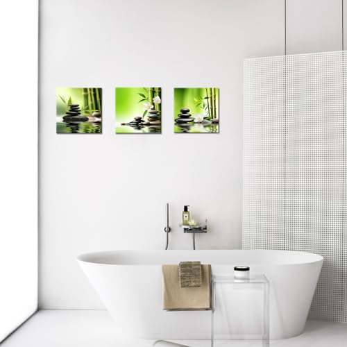 GLOKAKA 3 Panel Zen Wall Art Still Life SPA Stone Green Bamboo White Flower Pictures Meditation Yoga Wall Decor Natural Green Plant Canvas Artwork for Bedroom Bathroom Decor