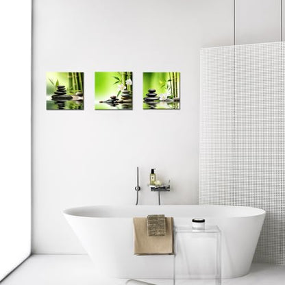 GLOKAKA 3 Panel Zen Wall Art Still Life SPA Stone Green Bamboo White Flower Pictures Meditation Yoga Wall Decor Natural Green Plant Canvas Artwork for Bedroom Bathroom Decor