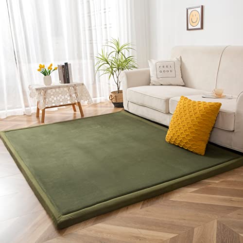 MAXYOYO Coral Velvet Area Rug, Thick Japanese Tatami Mat Living Room Carpet with Non-Slip Backing, Large Solid Color Mat for Bedroom Dormitory Yoga, Olive Green, 78 by 78 inch - color: Olive Green, size: 78"x 78"