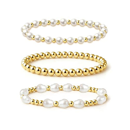 Zeffy Gold Pearl Beaded Bracelet for Women, 14K Gold Plated Jewelry Set With Paperclip Link Chain, Trendy Stack Bracelets - style: 3PCS Pearl Beaded Bracelets