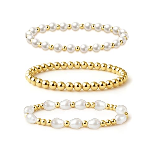 Zeffy Gold Pearl Beaded Bracelet for Women, 14K Gold Plated Jewelry Set With Paperclip Link Chain, Trendy Stack Bracelets - style: 3PCS Pearl Beaded Bracelets