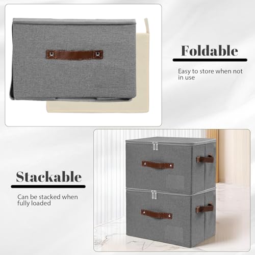 ANMINY Storage Bins with Zipper Lid Storage Boxes with Label Holder PU Leather Handles Washable Foldable Decorative Lidded Cotton Linen Fabric Cubes Baskets Closet Organizer - Gray, Small