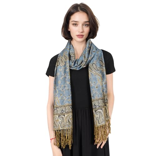 MUQU Women Pashmina Shawls and Wraps Scarf Soft Silky Reversible Paisley Scarves Shawl for Women - color: Denim Blue