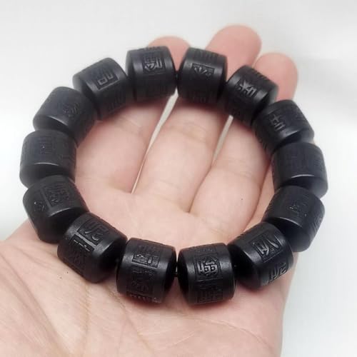 Wooden Beads Bracelet Lightning Struck Jujube Wood Black Bead Engraved with Sanskrit Words Mala Prayer Feng Shui Lucky for Women Men (Black, 16mm)