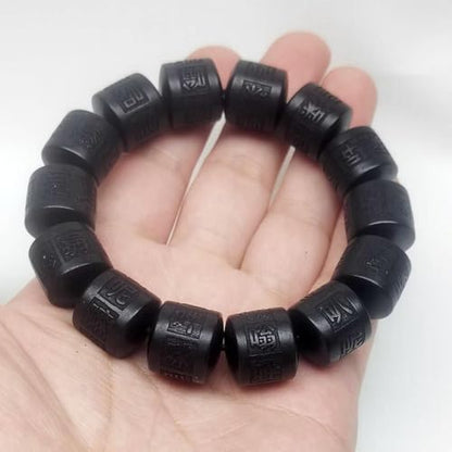 Wooden Beads Bracelet Lightning Struck Jujube Wood Black Bead Engraved with Sanskrit Words Mala Prayer Feng Shui Lucky for Women Men (Black, 16mm)