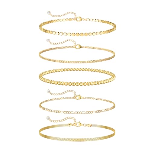 DEARMAY Gold Bracelets for Women Waterproof, 14K Gold Plated Stackable Jewelry Sets Non Tarnish Trendy Thin Dainty Cuban Link Paperclip Chain Bracelet Stack Fashion Accessories Gifts for Womens - style: 5Pcs BRACELET B