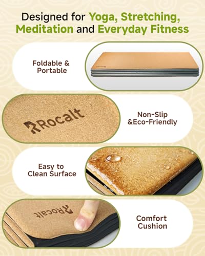 Rocalt Foldable Cork Yoga Mat for Travel, Non Slip Lightweight Yoga Mat with Carry Strap, Eco-Friendly Portable Workout Mat for Pilates, Hot Yoga, Stretching & Home Gym
