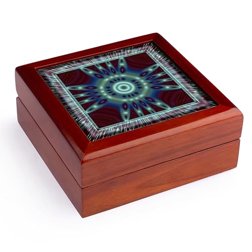 3dRose Mandala 27 zen InnerBalance harmony red blue turquoise meditation Jewelry Box 7 x 7 inch with 4 inch tile