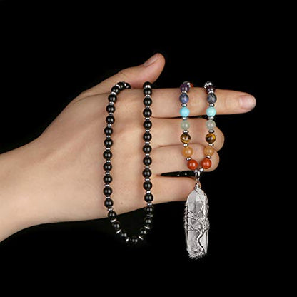 Jovivi Natural 7 Chakras Healing Crystals Necklace Wire Wrapped Clear Quartz Stone Pendant Healing Pointed Reiki Energy Balancing - color: Black Obsidian