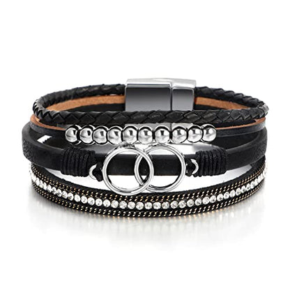 Fesciory Leopard Bracelet for Women, Boho Leather Wrap Multi-Layer Pearl Crystal Bracelet Bangle Jewelry - style: Double Circle(Black)