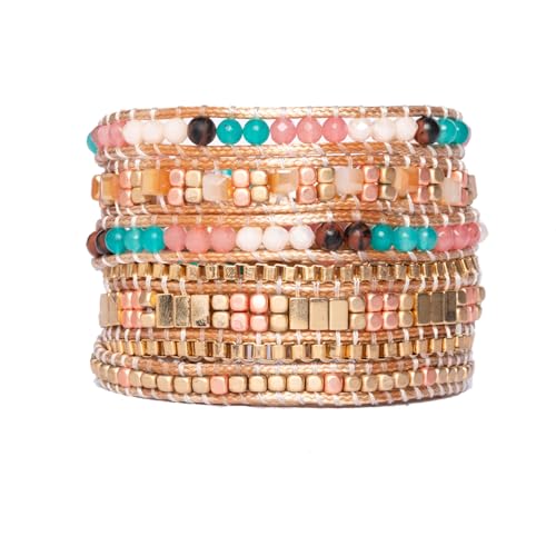 YGLINE Natural Stone Wrap Bracelet for Women Boho Bracelets Healing Crystal Beaded Bracelet Adjustable 3/5 Wraps Bracelet Handmade Birthday Gifts for Women - color: golden