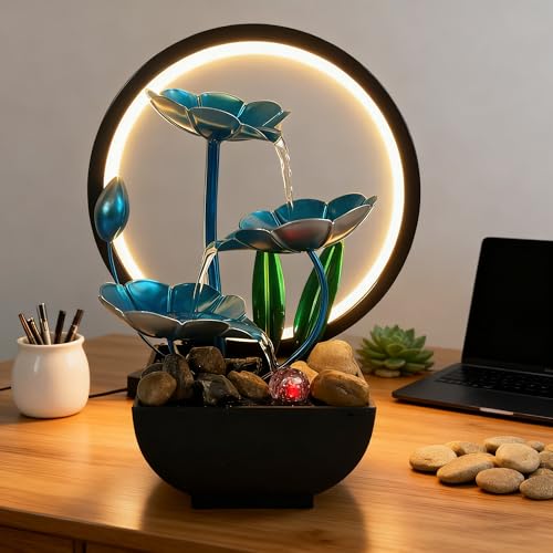 AOZITA Tabletop Fountain, Indoor Waterfall Fountain, Small Home Décor Zen Relaxation Soothing Sound Machine for Office, Living Room, or Bedroom,Blue Metal Lotus with Bud, River Rocks,Round LED - color: Blue, size: 10.2"