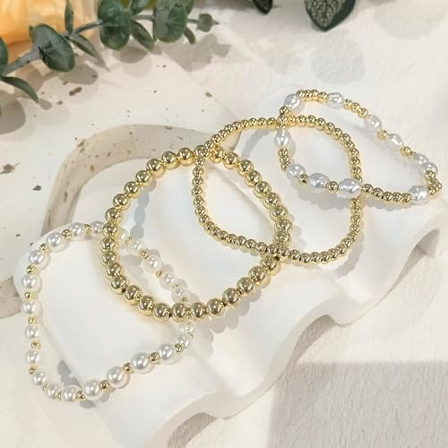 Zeffy Gold Pearl Beaded Bracelet for Women, 14K Gold Plated Jewelry Set With Paperclip Link Chain, Trendy Stack Bracelets - style: 4PCS Pearl Beaded Bracelets