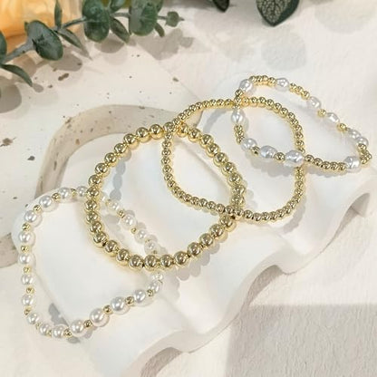 Zeffy Gold Pearl Beaded Bracelet for Women, 14K Gold Plated Jewelry Set With Paperclip Link Chain, Trendy Stack Bracelets - style: 4PCS Pearl Beaded Bracelets
