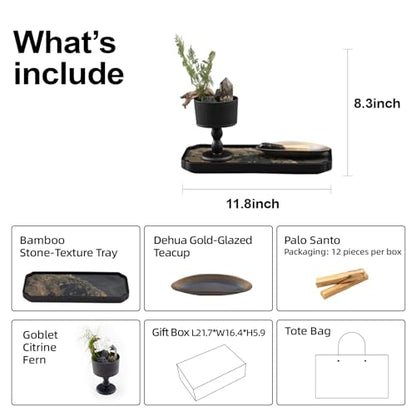 Zen Heal Tabletop Ritual Set – Goblet with Citrine, Preserved Fern & Dehua Gold-Glazed Teacup, Bamboo Tray & Palo Santo | Meditation Décor, Feng Shui Crystal Gift Box for Home or Office - style: Zen Heal