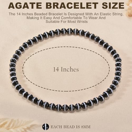 14in Agate Wrap Bracelet for Women Men Natural Round Beaded Agates Stone Healing Stretch Bracelets Elastic Handmade Polished Gemstone Beads Bracelet - color: Black White-2 Agate, size: 8mm Beads