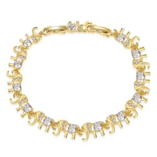 14K White/Yellow Gold Plated 4mm Cubic Zirconia Elephant Bracelet for Women Cute Animal CZ Link Chain Bracelet with Fold Over Clasp Jewelry Gift（6.5 Inch+1Inch） - color: Gold Plated