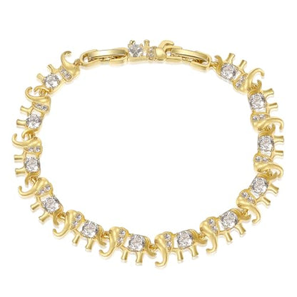 14K White/Yellow Gold Plated 4mm Cubic Zirconia Elephant Bracelet for Women Cute Animal CZ Link Chain Bracelet with Fold Over Clasp Jewelry Gift（6.5 Inch+1Inch） - color: Gold Plated