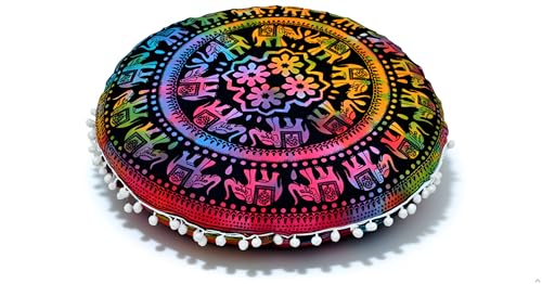 CRAFT KALA 22" Round Mandala Boho Pillow Cover Meditation Room Seating Poufs Cover for Living Room Yoga Room Home Bedroom Balcony Garden Party Decoration Cotton Floor Cushion Cover,Multi U.P Elephant - color: Multi U.p Elephant, size: 22"