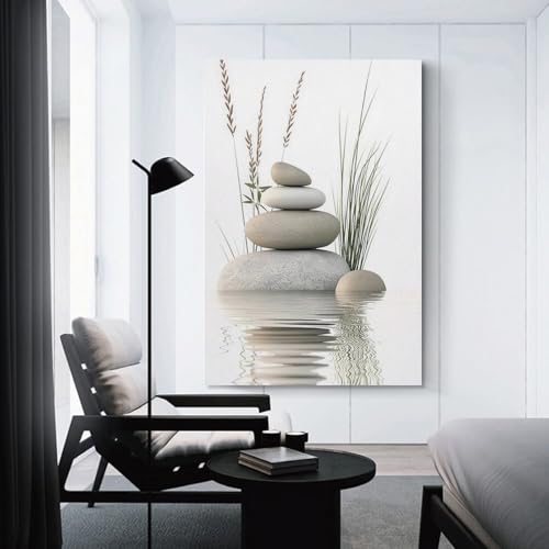 Zen Stone Canvas Wall Art Stacked Stones in Water Poster Tranquil Wild Grass Painting Picture for Spa Yoga Meditation Room Bathroom Wall Decor Unframe-style 16x24inch(40x60cm)