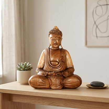 Wooden Serene Sitting Buddha Statue - Handmade Meditating Sculpture - Hand Carved Dhyana Mudra Figurine - Zen Home Decor Accent, Oriental Spiritual Home Room Decoration Gift (12" Tall) - size: 12" Tall