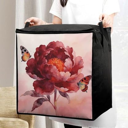 Flower Dark Red Storage Bag Portable Closet Organizer Storage Bags Quilt Storage Bags with Zippered Breathable Storage Bag with Carry Handles for Blanket Pillow Bedding