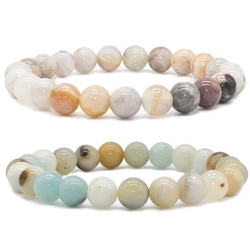 Bivei Natural Gemstone Semi Precious Healing Crystals Handmade Stretchy Round Beads Bracelet,Stocking Stuffers for Women Enhance Positive Energy - color: 8mm Bamboo Leaf Agate & Amazonite (Good Luck), size: Small: 6.5-6.7 inch