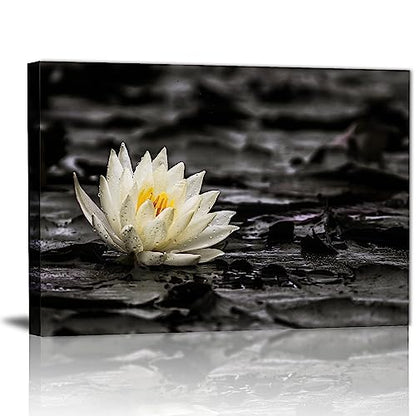 GLOKAKA Spa Zen Wall Art White Lotus Flower in the Storm Canvas Picture,Black and White Meditation Decor Artwork,Zen Spiritual Wall Decor Artwork for Office,Bathroom,Yoga Studio