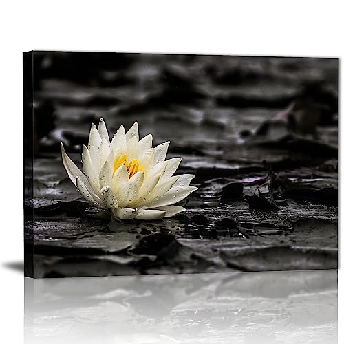 GLOKAKA Spa Zen Wall Art White Lotus Flower in the Storm Canvas Picture,Black and White Meditation Decor Artwork,Zen Spiritual Wall Decor Artwork for Office,Bathroom,Yoga Studio
