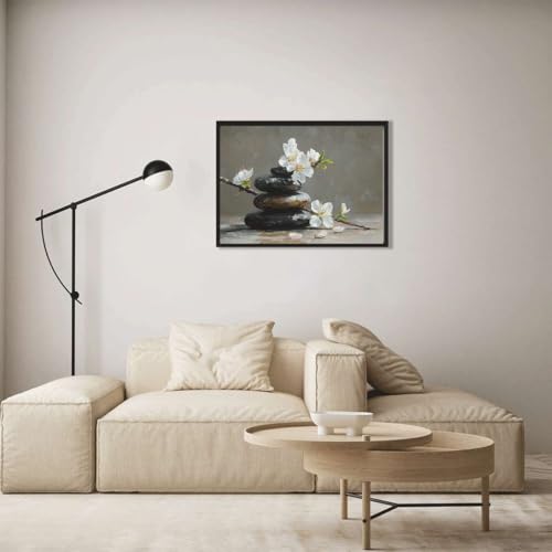 Framed Zen Stones and Blossoms Poster Canvas Print Art Minimalist Aesthetic Wall Art Pictures Wall Decor Art Print Exquisite Home Decor Living Room Bedroom Office (black frame,24" Lx36 W) - size: 24"Lx36"W