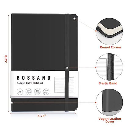 BOSSAND Lined Journal Notebook, A5 Journals for Writing, 200 Pages 100 GSM Thick Classic Ruled Paper, Hardcover, 8.25 inches x 5.75 inches, Black - color: Black - 1 Pack