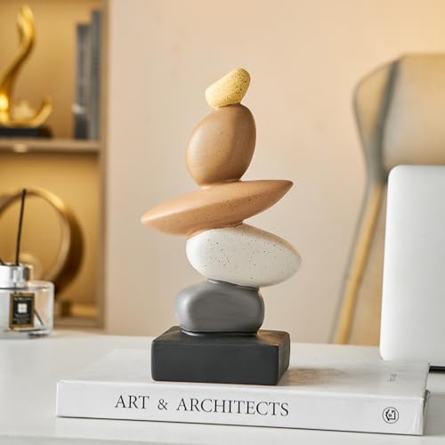 Octdays Fake Sandstone Statue Living Room Decor, Modern Ceramic Stacked Stone Sculptures Zen Decor, Stone Statue Decorations for Coffee Table Shelf Bookshelf Desk, Gifts for Good Luck (Brown & Gery)