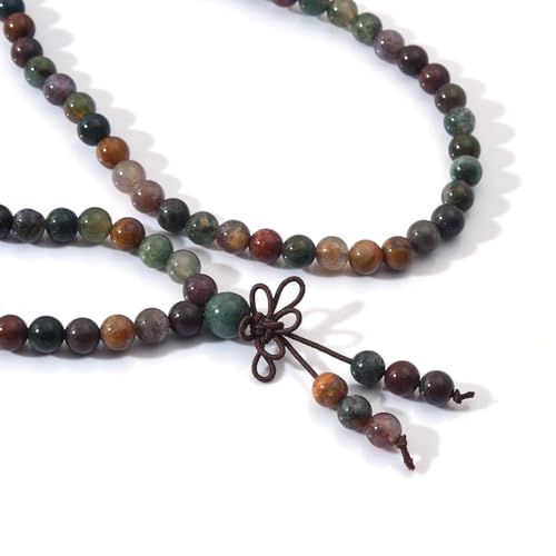 108 Mala Prayer Beads Bracelet 6mm Genuine Gemstone Healing Crystal Stone Beaded Bracelet Buddhist Tibetan Handmade Knotted Elastic Necklace for Yoga Meditation Unisex Women Men - color: Indian Agate