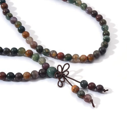 108 Mala Prayer Beads Bracelet 6mm Genuine Gemstone Healing Crystal Stone Beaded Bracelet Buddhist Tibetan Handmade Knotted Elastic Necklace for Yoga Meditation Unisex Women Men - color: Indian Agate