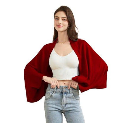 Huralona Women's Open Front Wool Shawl Wrap Scarf with Sleeves Outer Warm Knitted Poncho Cape Fall Winter - color: Dark Red