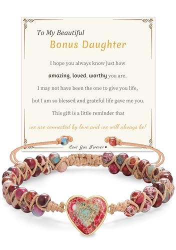 Gifts for Daughter Granddaughter, To My Mom Grandma Wife Girlfriend Sister Jasper Heart Bracelets Birthday Graduation Anniversary Christmas Stocking Stuffers Valentines Mothers Day Jewelry - style: 1.Gift To My Bonus Daughter: Red Beads