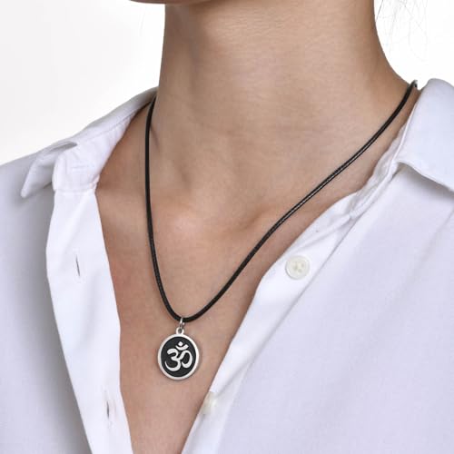 Stainless Steel Om Necklace for Men Women, gold plated/Silver/Black Yoga Charm Pendant Necklaces Aum Om Ohm Sanskrit Symbol Hindu Meditation Chain Necklace,Mens Womens Jewelry Gifts - color: Round Black